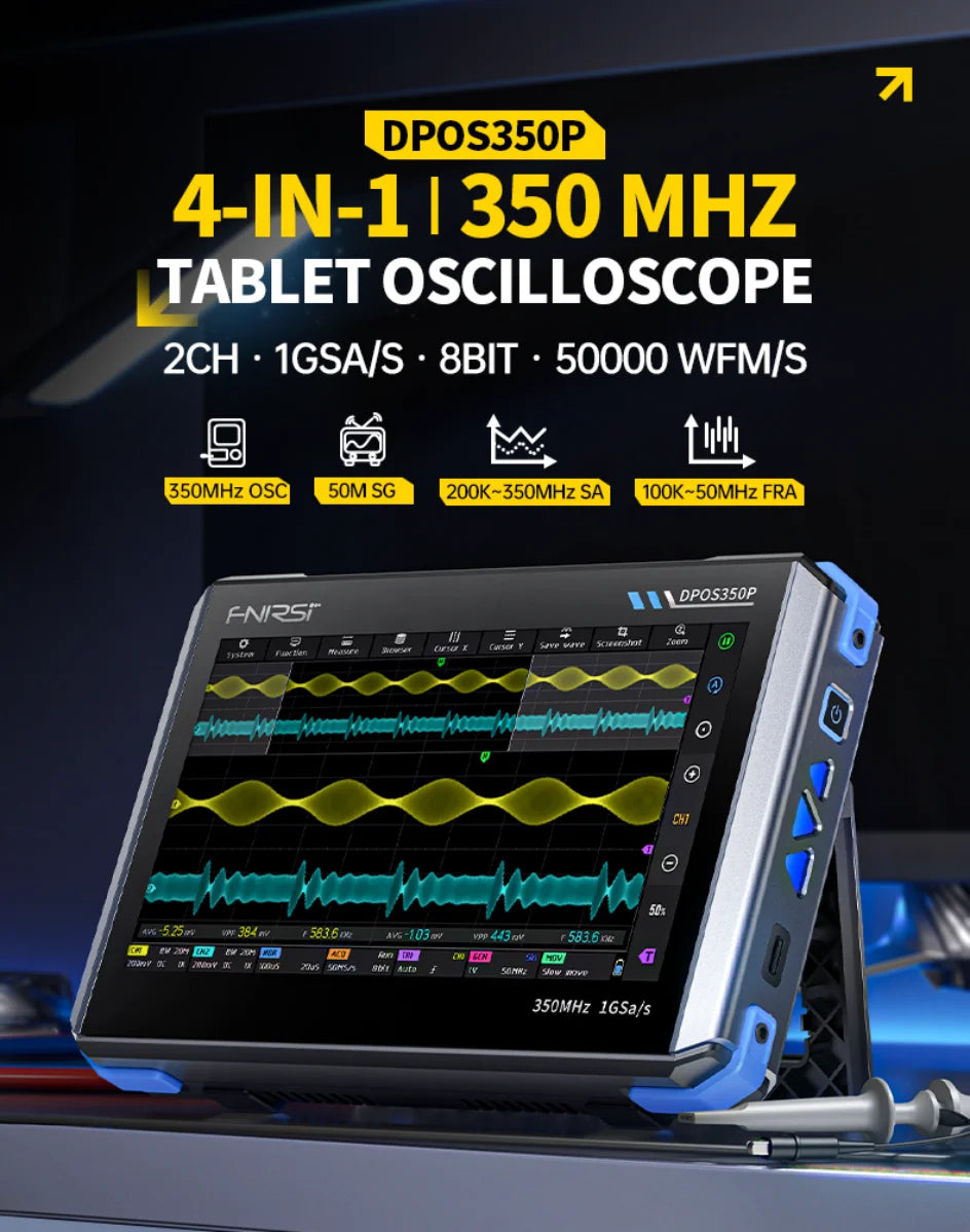 FNIRSI DPOS350P 4in1 Tablet Oscilloscope 2 Channel 350MHz Signal Generator 50MHz, Spectrum Analyzer, Frequency Response Analyzer