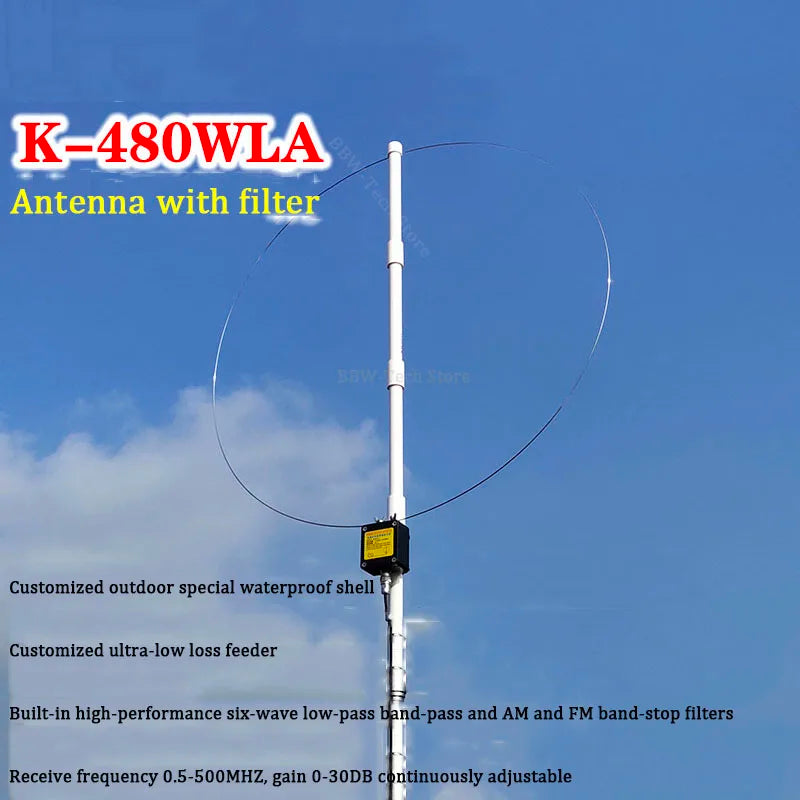 K-480WLA Medium/Short Wave/FM/Airband /UHF /VHF HF Full Band Antenna SDR LOOP Small Loop Short Wave Antenna + Filter