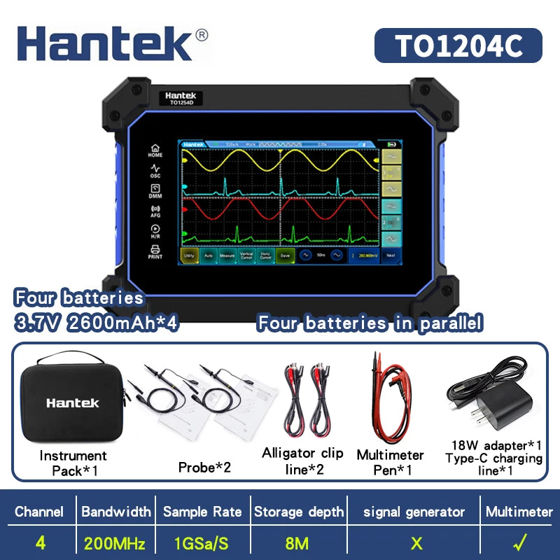 【Hantek Official Genuine】4-channel portable handheld touch screen digital oscilloscope TO1154C/1204C/1254C/1154D/1204D/1254D