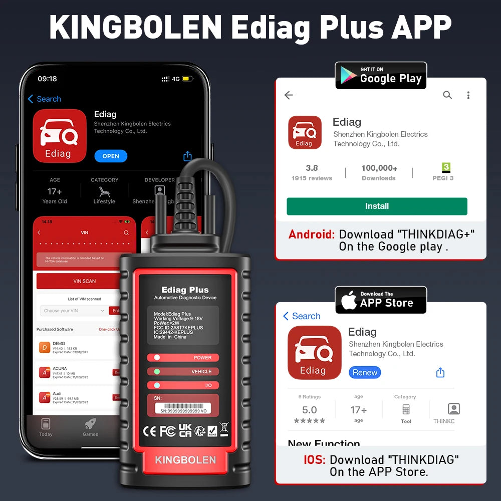 10Pcs KINGBOLEN Ediag Plus, THINKCAR THINKDIAG 2, CANFD ALL System Car Diagnostic Tool ECU Coding Bi-directional 16 Reset