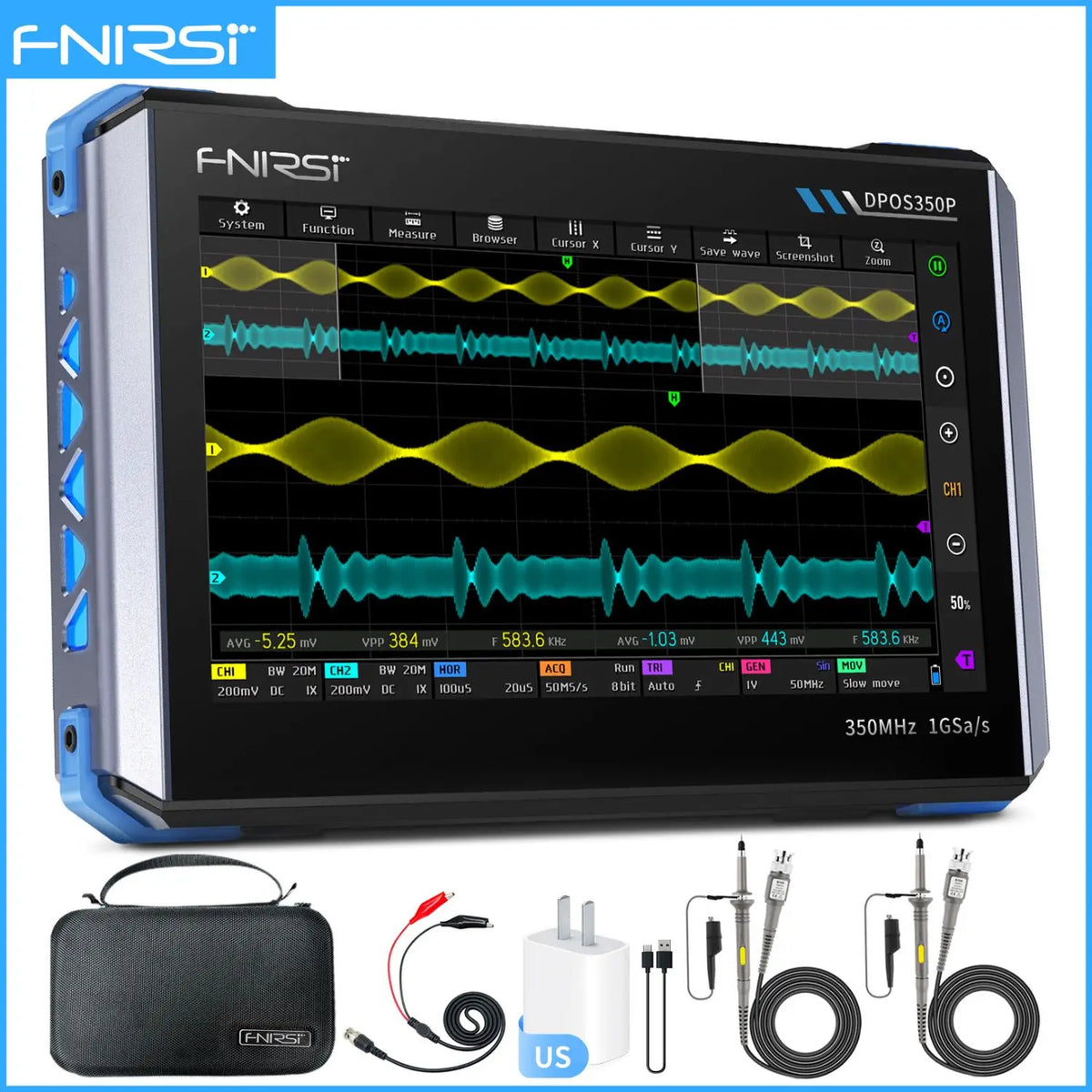 FNIRSI DPOS350P 4in1 Tablet Oscilloscope 2 Channel 350MHz Signal Generator 50MHz, Spectrum Analyzer, Frequency Response Analyzer