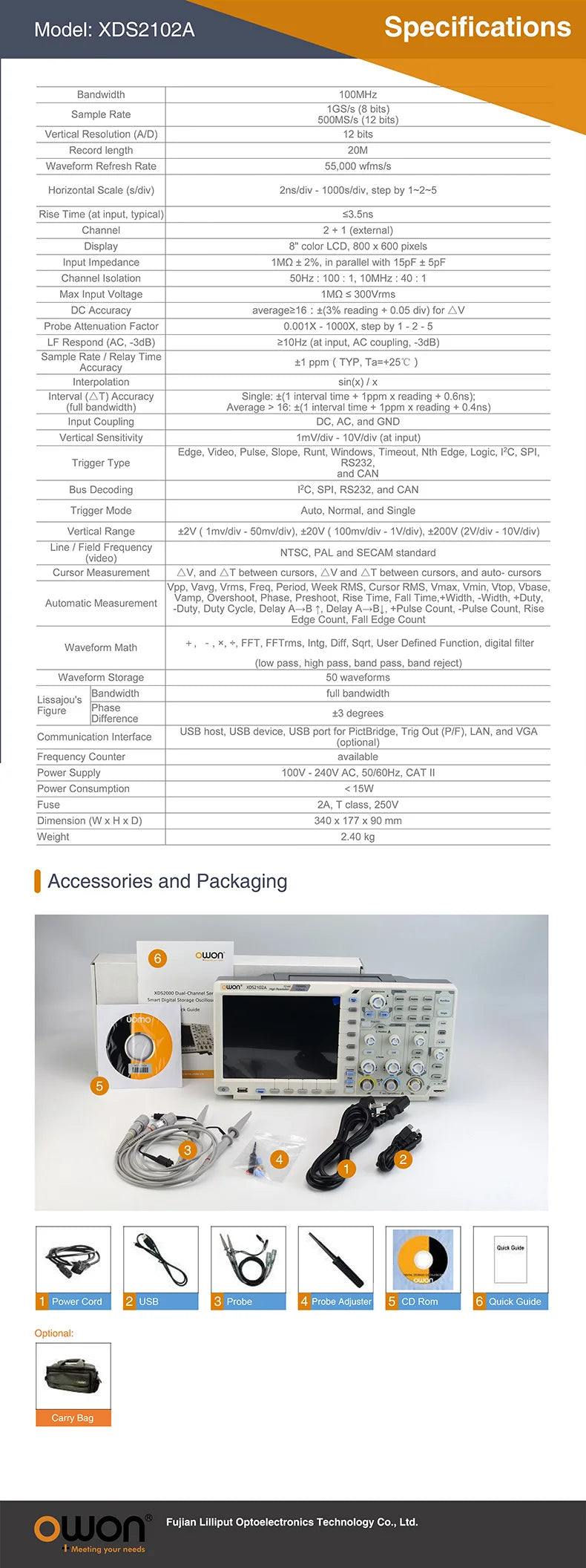 OWON XDS2102A Digital Oscilloscope 100MHz 1GS/s 2 Channels+1External 20M Record Length 12-bit High Resolution ADC and 8 inch LCD