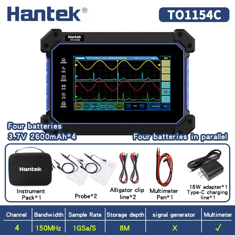 【Hantek Official Genuine】4-channel portable handheld touch screen digital oscilloscope TO1154C/1204C/1254C/1154D/1204D/1254D