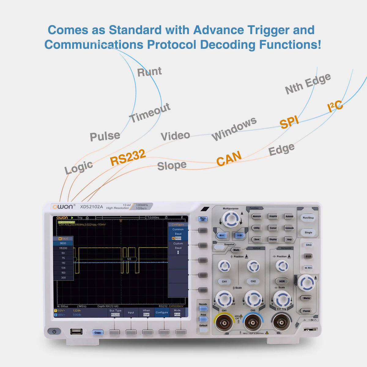OWON XDS2102A Digital Oscilloscope 100MHz 1GS/s 2 Channels+1External 20M Record Length 12-bit High Resolution ADC and 8 inch LCD