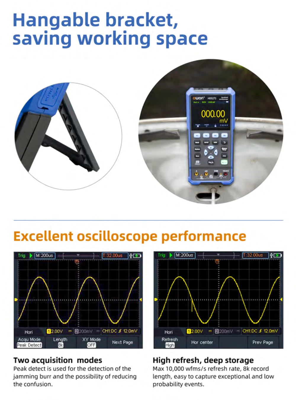 OWON HDS2202S Digital Oscilloscope 2 Channels 200Mhz 1GSa/s True RMS 3 in 1 USB Osiclloscopes +Waveform Generator+Multimeter