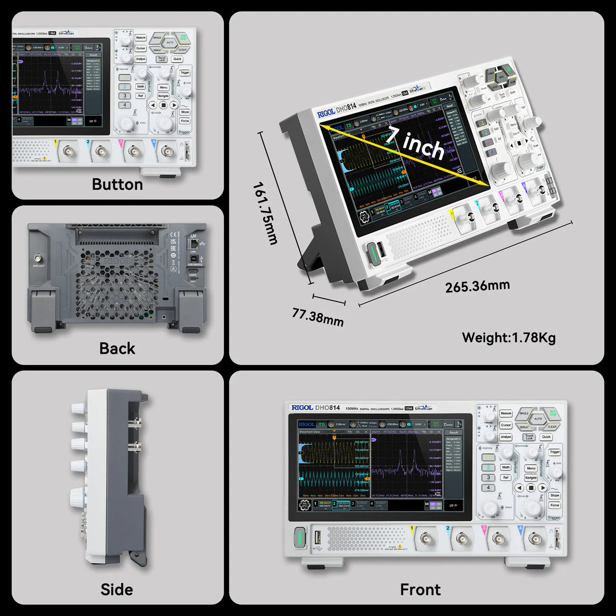 RIGOL DHO800 Series Digital Oscilloscopes Portable,70-100MHz,1.25G Sa/s, type-c Power Supply, DHO802/DHO804/DHO812/DHO814