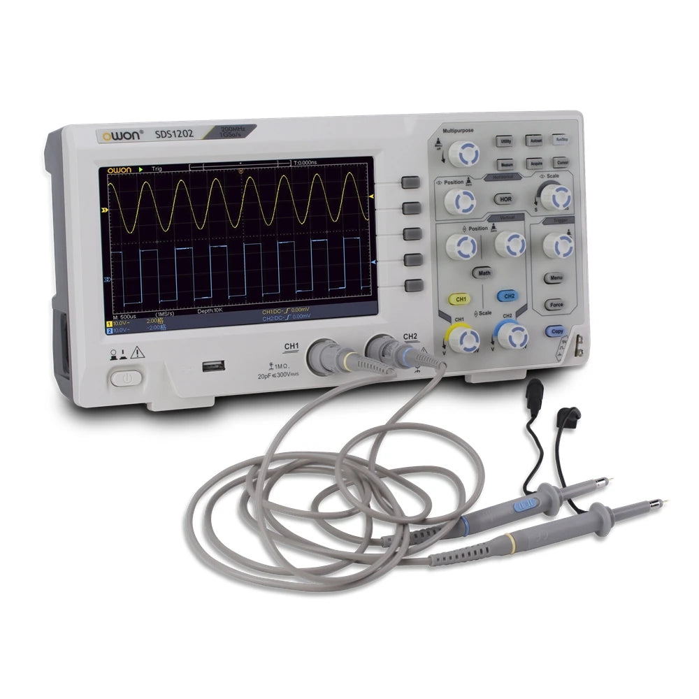 Owon SDS1202 Digital Oscilloscope 8Bits 2CH 200MHZ Bandwidth 1GS/s Osciloscopio 7inch Screen High Accuracy Digital Oscilloscopes