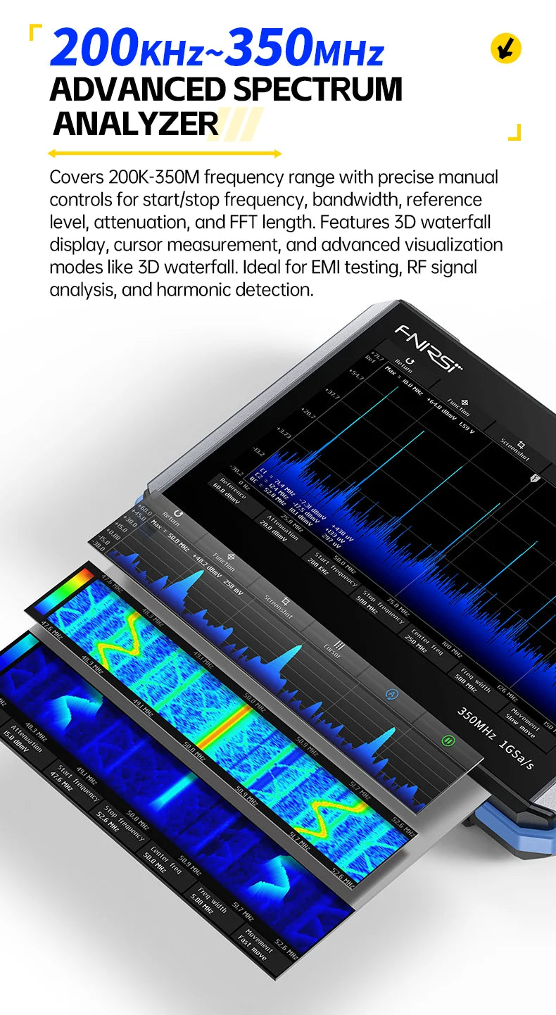 FNIRSI DPOS350P， Frequency Response Analyzer, Four In One Flat Oscilloscope, 2-Channel 350MHz Signal Generator, 50MHz, Spectrum