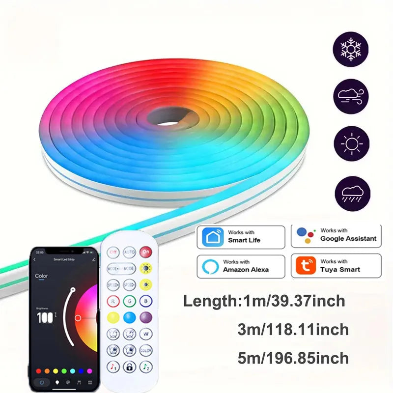 USB RGB Neon LED Strip 1M 2M 3M 5M Wi‑Fi 5V RGB Strip Work With Tuya App/Smart Life/Alexa for Game Home Neon Decor Lighting