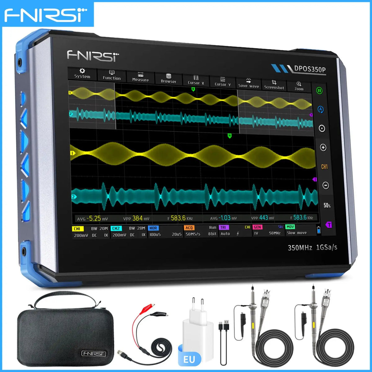 FNIRSI DPOS350P 4in1 Tablet Oscilloscope 2 Channel 350MHz Signal Generator 50MHz, Spectrum Analyzer, Frequency Response Analyzer
