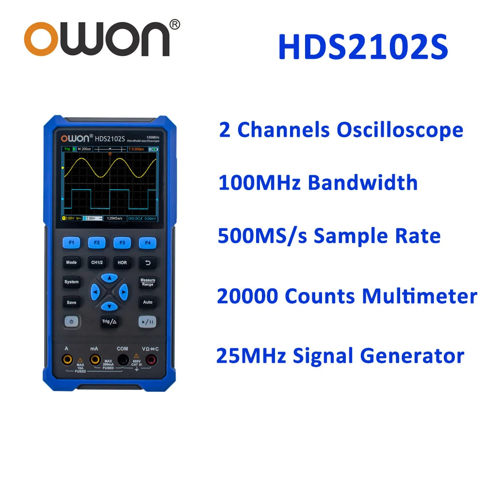 OWON HDS2202S 2102S Digital Oscilloscope 2Channels 200Mhz 1GSa/s Portable 3in1 USB Osiclloscopes + Multimeter+Waveform Generator