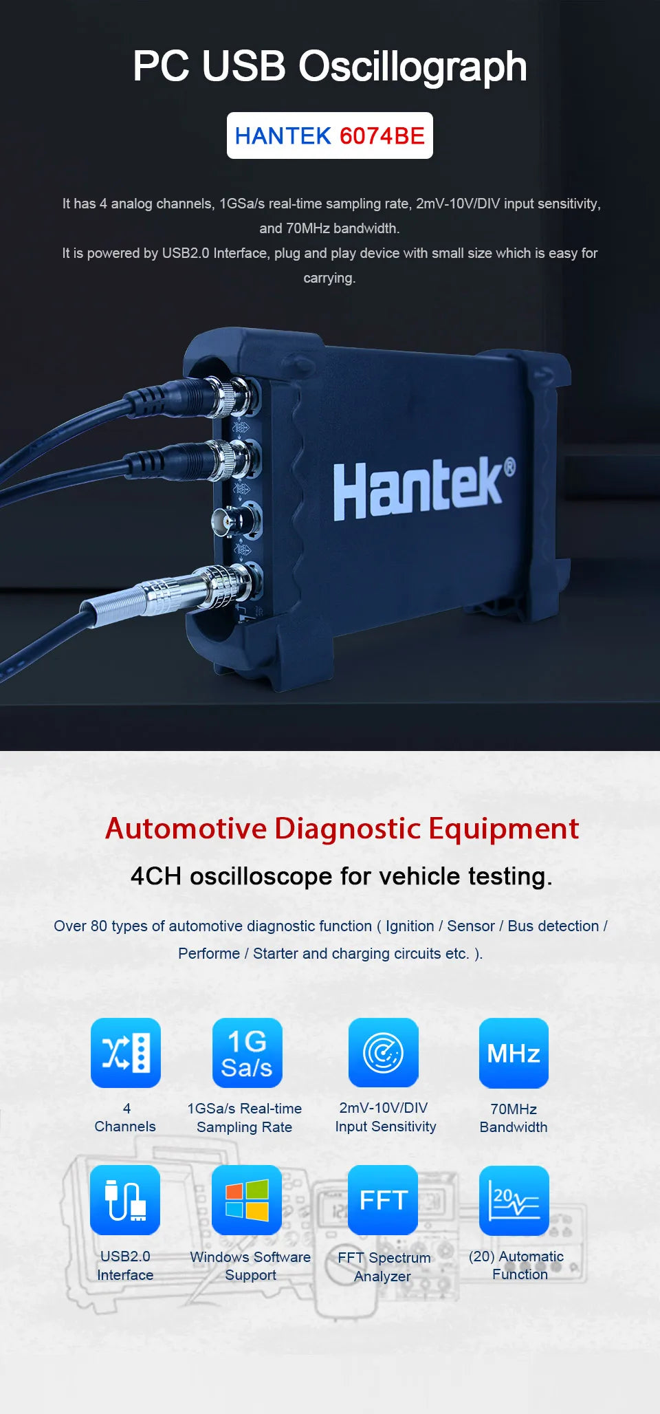 Hantek 6074BE 70MHz 4CH Auto Digital Oscilloscope Set Diagnostic Tool 1GSa/s  USB Virtual Oscilloscope Car Diagnostic Instrument