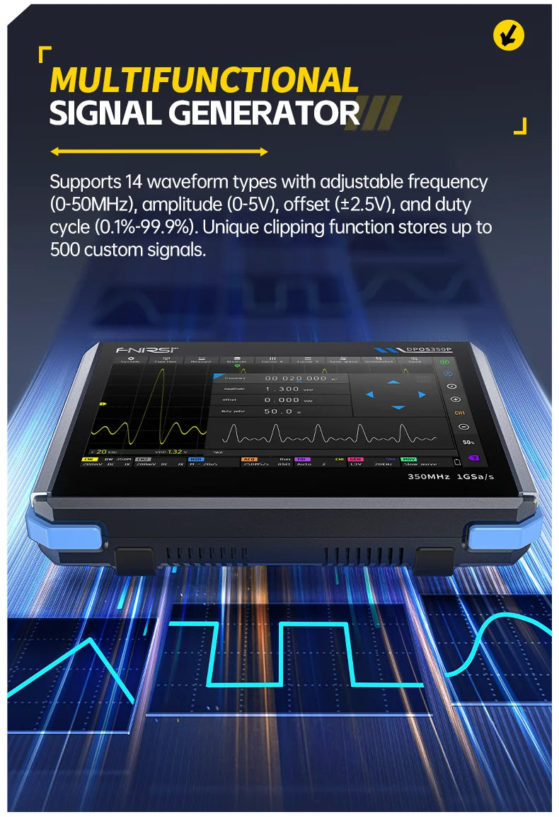 FNIRSI DPOS350P， Frequency Response Analyzer, Four In One Flat Oscilloscope, 2-Channel 350MHz Signal Generator, 50MHz, Spectrum