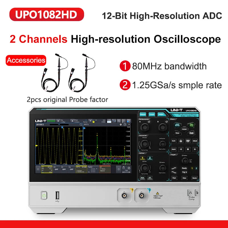 UNI-T Oscilloscope UPO1154HD UPO1082HD 2/4 Channels 1.25GSa/s High-Resolution Osciloscopio 80/150MHz Bandwidth 12-bit ADC Sampe