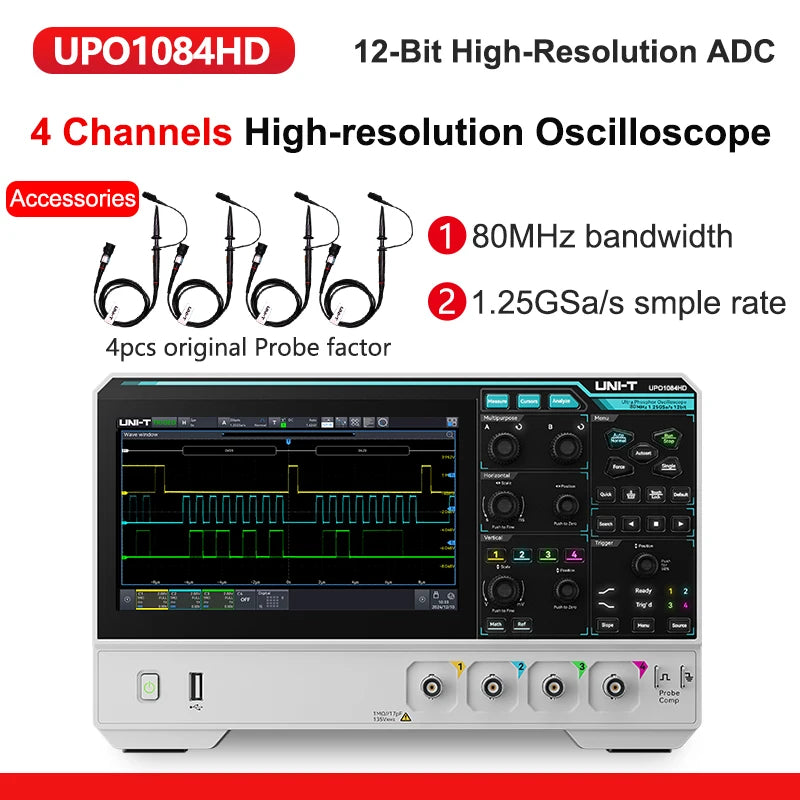 UNI-T Oscilloscope UPO1154HD UPO1082HD 2/4 Channels 1.25GSa/s High-Resolution Osciloscopio 80/150MHz Bandwidth 12-bit ADC Sampe