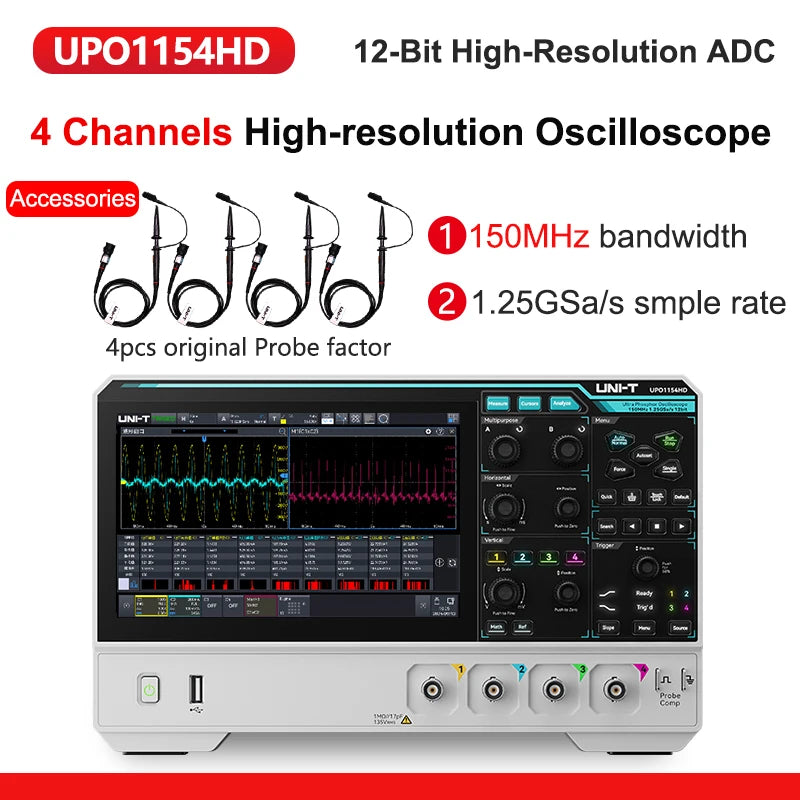 UNI-T Oscilloscope UPO1154HD UPO1082HD 2/4 Channels 1.25GSa/s High-Resolution Osciloscopio 80/150MHz Bandwidth 12-bit ADC Sampe