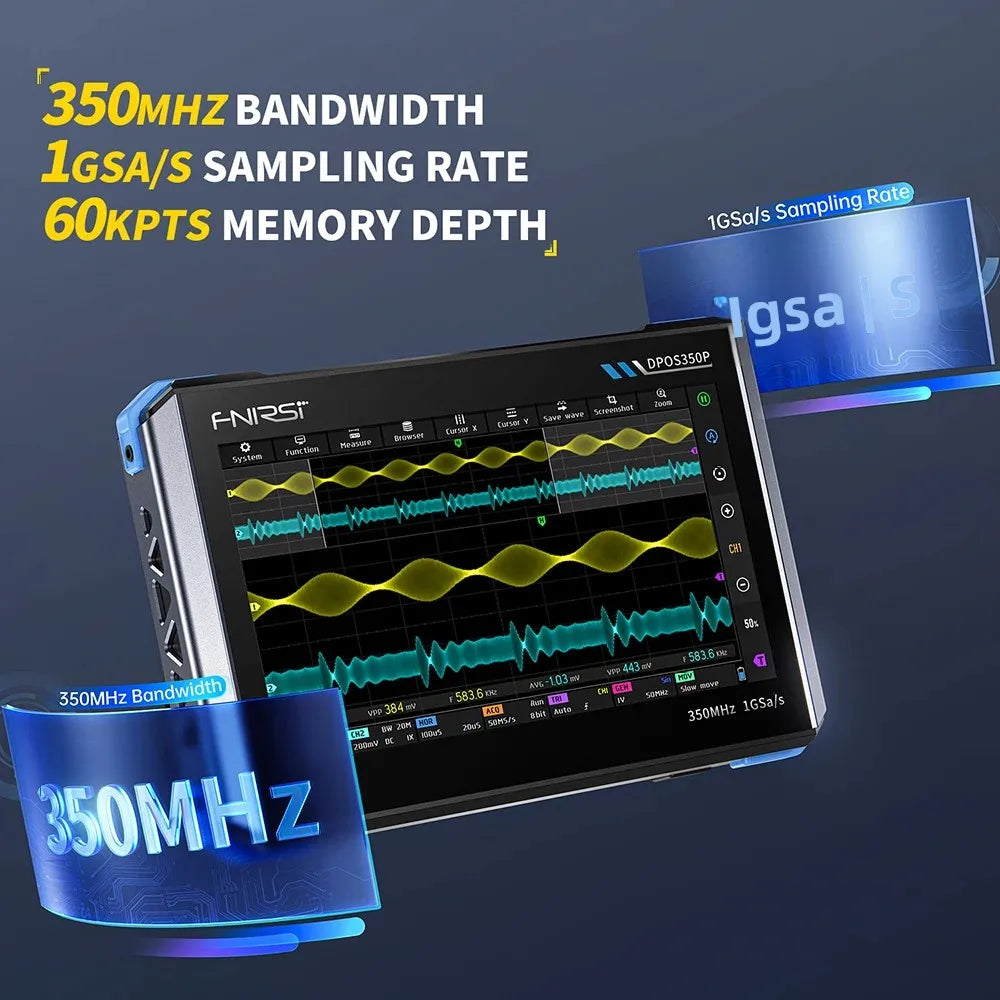 4IN1 FNIRSI DPOS350P Digital Oscilloscope 350MHz Dual Channel Fluorescence Handheld Signal Generator Frequency Response Analyzer