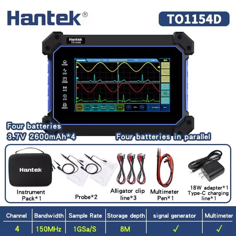 Hantek TO1254D 4 Channels Touch Screen Digital Oscilloscope Portable USB Oscilloscopes + Signal Source +Multimeter Tester