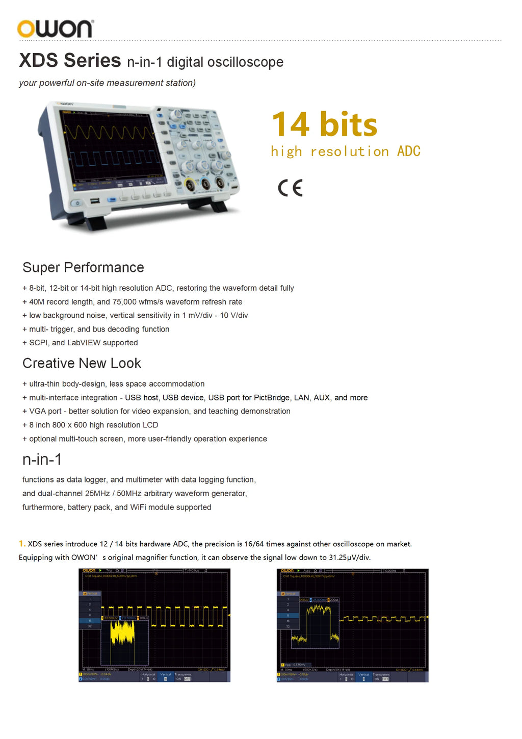 OWON XDS3202E 8 Bits Dual Channel Digital Oscilloscope 200MHz 1GS/s 40M Record Length 56,000 wfms/s 8 inchs 2 +1External Options
