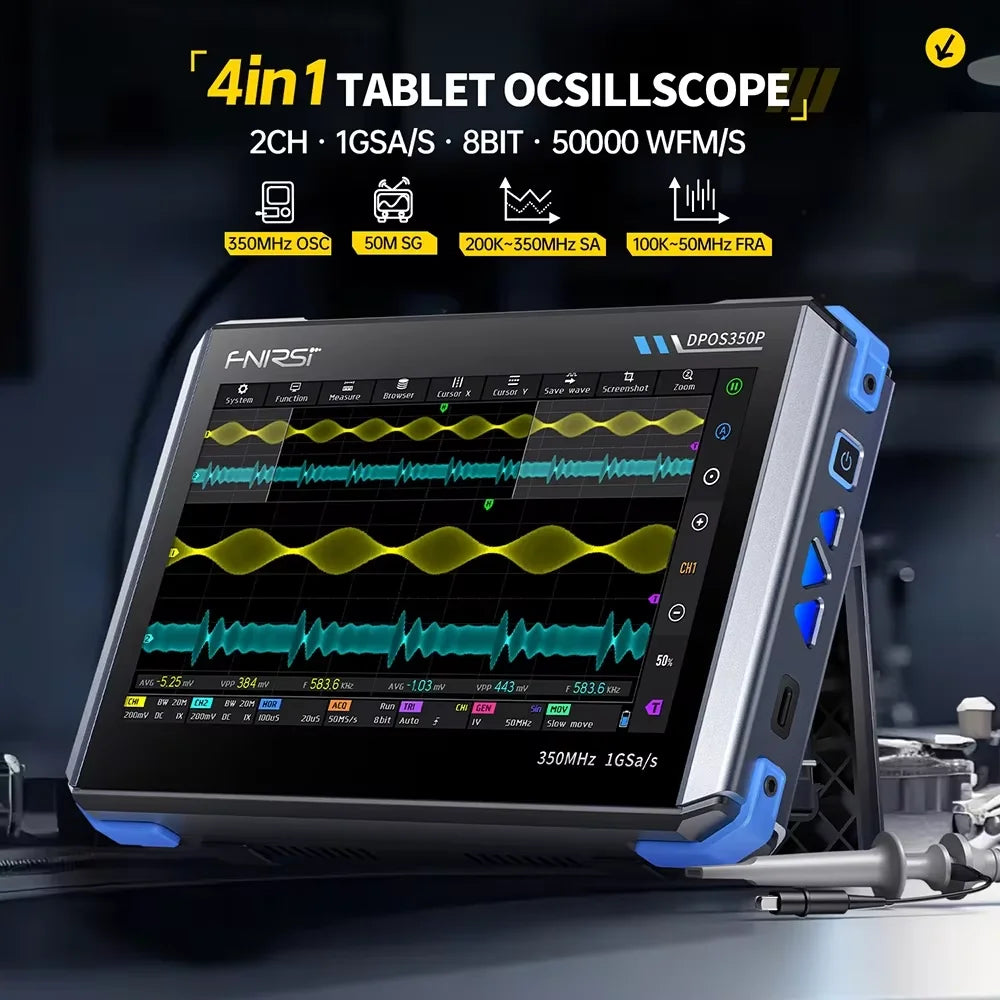4IN1 FNIRSI DPOS350P Digital Oscilloscope 350MHz Dual Channel Fluorescence Handheld Signal Generator Frequency Response Analyzer