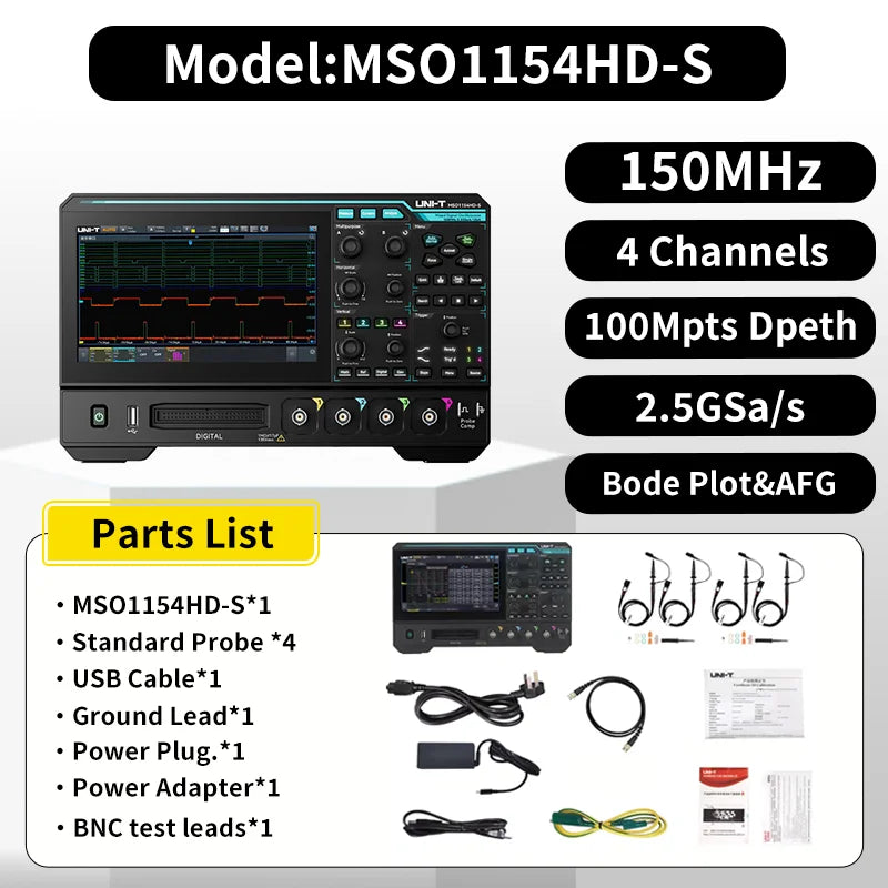 UNI-T MSO1000HD-S 12bit High-Res Oscilloscope | 150M/250MHz 4CH 2.5GSa/s | Bode plot Analyzer&CAN-FD, LIN, UART,I2C,SPI Decoding