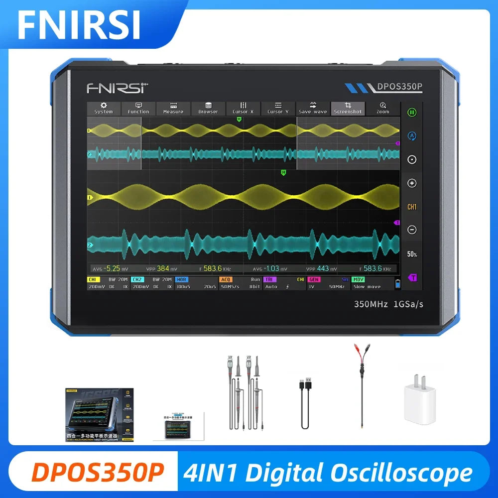 4IN1 FNIRSI DPOS350P Digital Oscilloscope 350MHz Dual Channel Fluorescence Handheld Signal Generator Frequency Response Analyzer