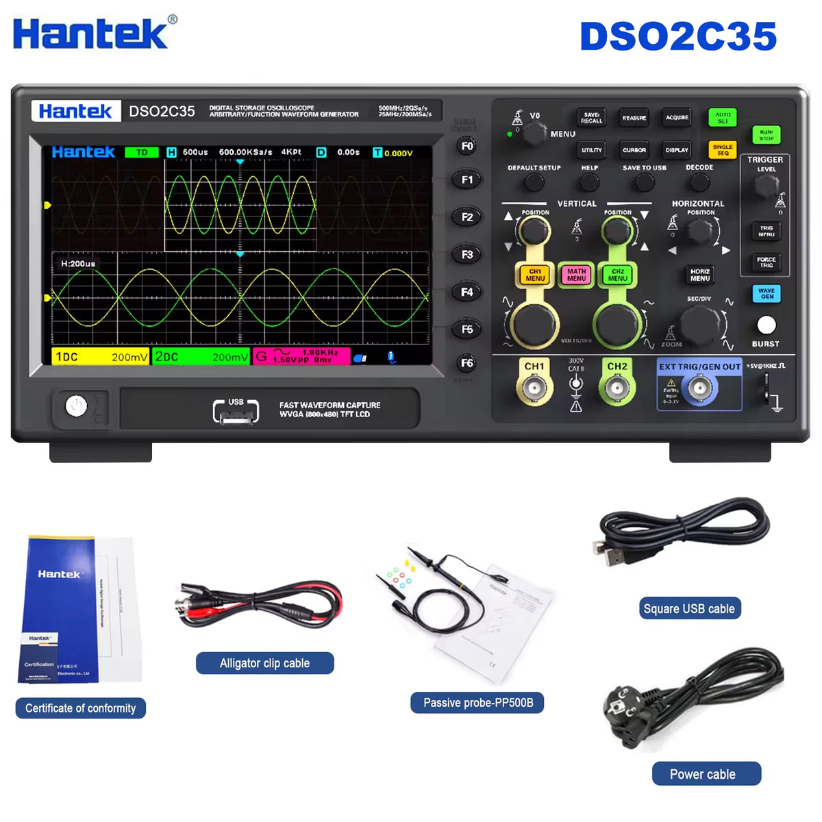 Hantek Lab Digital oscilloscope DSO2C20/2C35/2C50/2D20/DSO2D35/DSO2D205 200/350/500MHz 2Gsa/s 2CH/2CH+1CH desktop oscilloscope