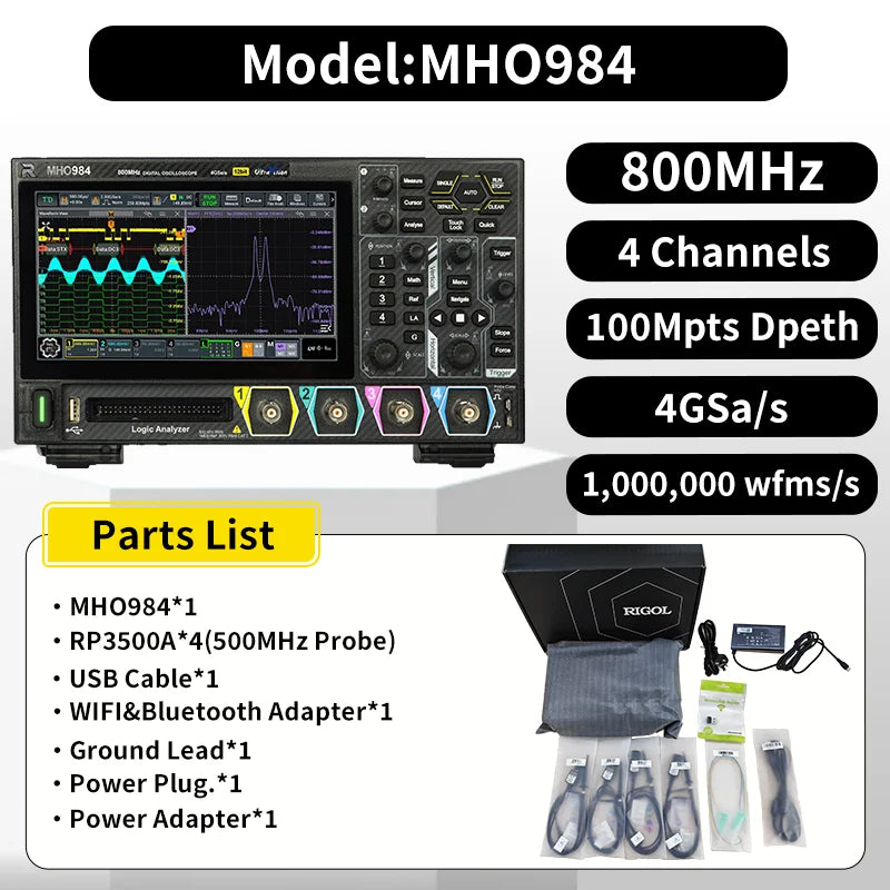 RIGOL MHO934 MHO954 MHO984 Digital Oscilloscope | 12bit High Resolution 350-800MHz | 4CH MAX. 100Mpts Depth 4GSa/s Sampling