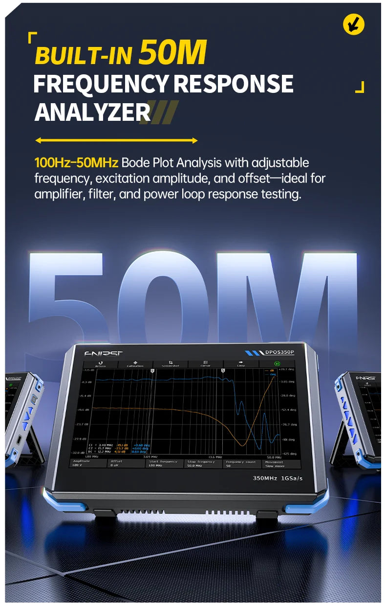 FNIRSI DPOS350P， Frequency Response Analyzer, Four In One Flat Oscilloscope, 2-Channel 350MHz Signal Generator, 50MHz, Spectrum