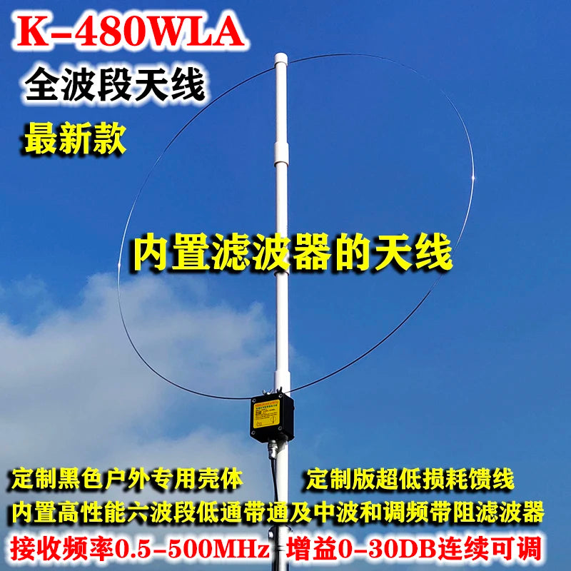 K-480WLA Medium/Short Wave/FM/Airband /UHF /VHF HF Full Band Antenna SDR LOOP Small Loop Short Wave Antenna + Filter