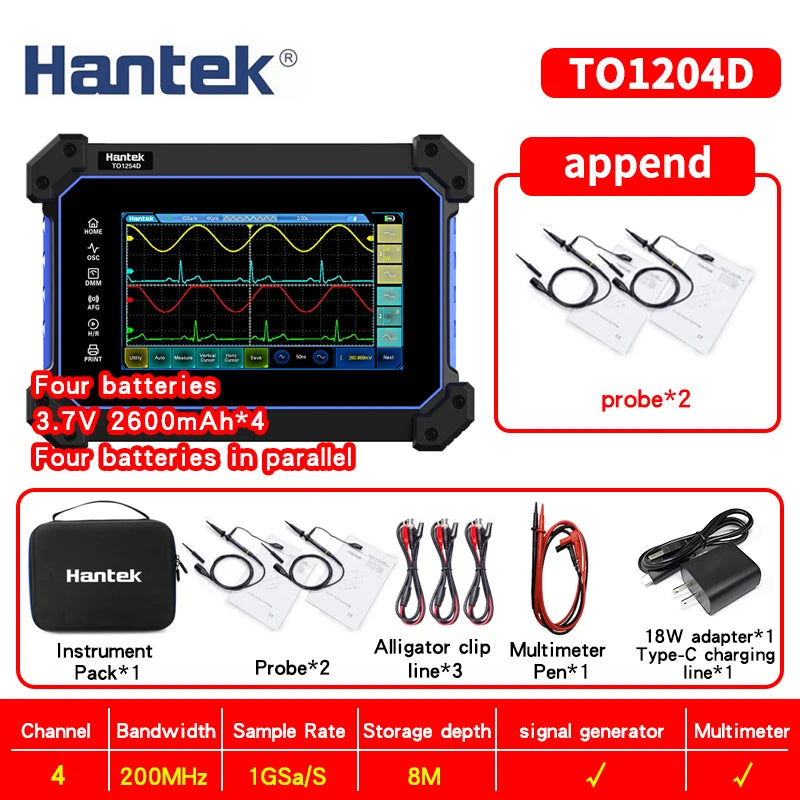 【Hantek Official Genuine】4-channel portable handheld touch screen digital oscilloscope TO1154C/1204C/1254C/1154D/1204D/1254D