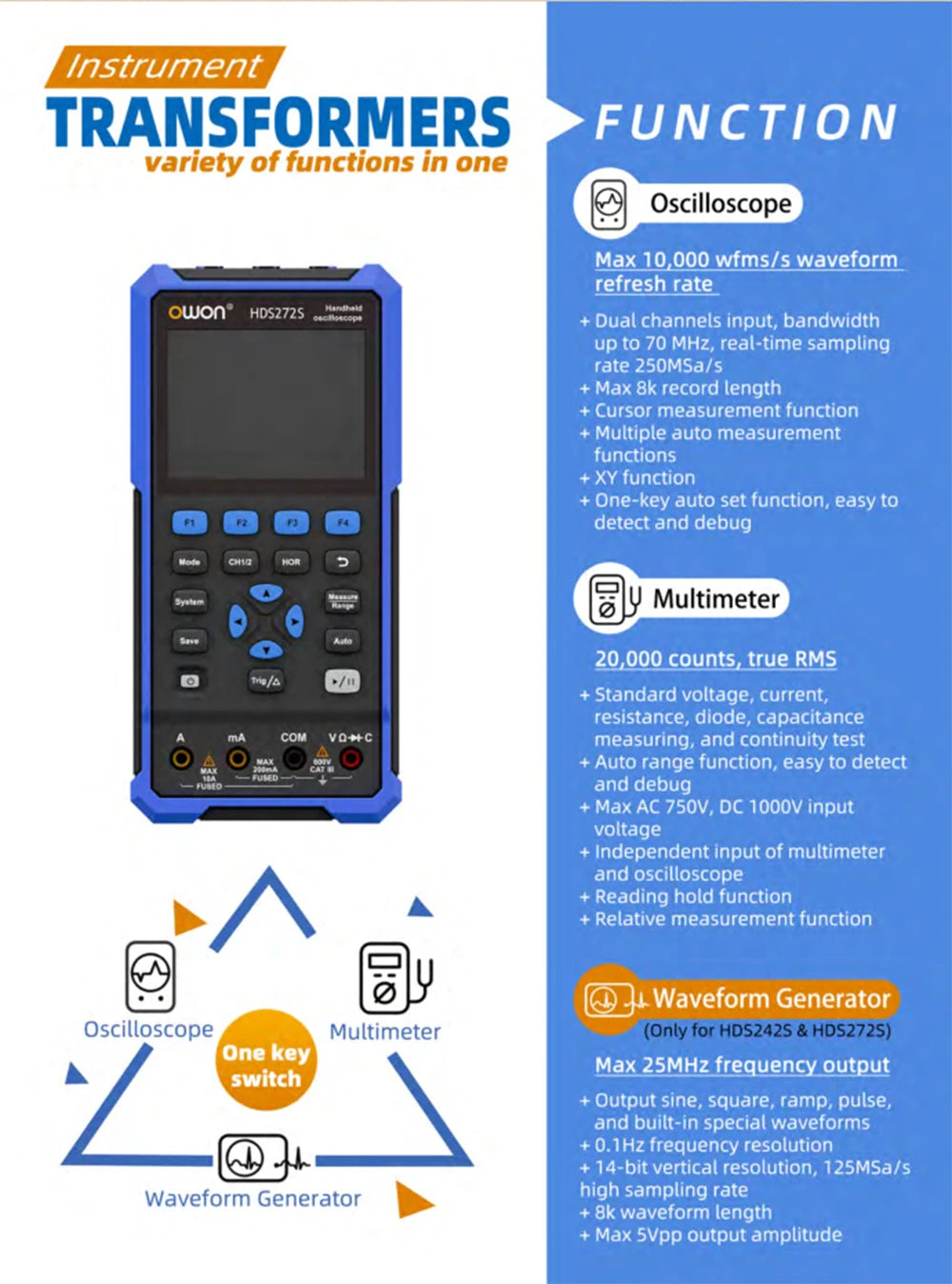OWON HDS2202S Digital Oscilloscope 2 Channels 200Mhz 1GSa/s True RMS 3 in 1 USB Osiclloscopes +Waveform Generator+Multimeter