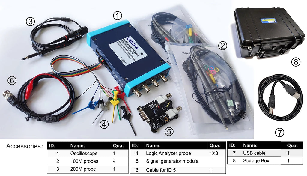 Professional Oscilloscope OSCF4, 5GS/s, 200MHz, 4-Channel / Multiple Devices 3 in 1 / Protocols Decoding / 8,12,16 channels