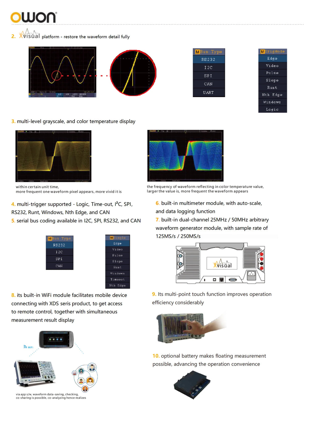 OWON XDS3202E 8 Bits Dual Channel Digital Oscilloscope 200MHz 1GS/s 40M Record Length 56,000 wfms/s 8 inchs 2 +1External Options