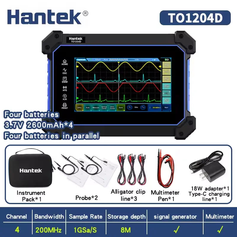 Hantek TO1254D 4 Channels Touch Screen Digital Oscilloscope Portable USB Oscilloscopes + Signal Source +Multimeter Tester