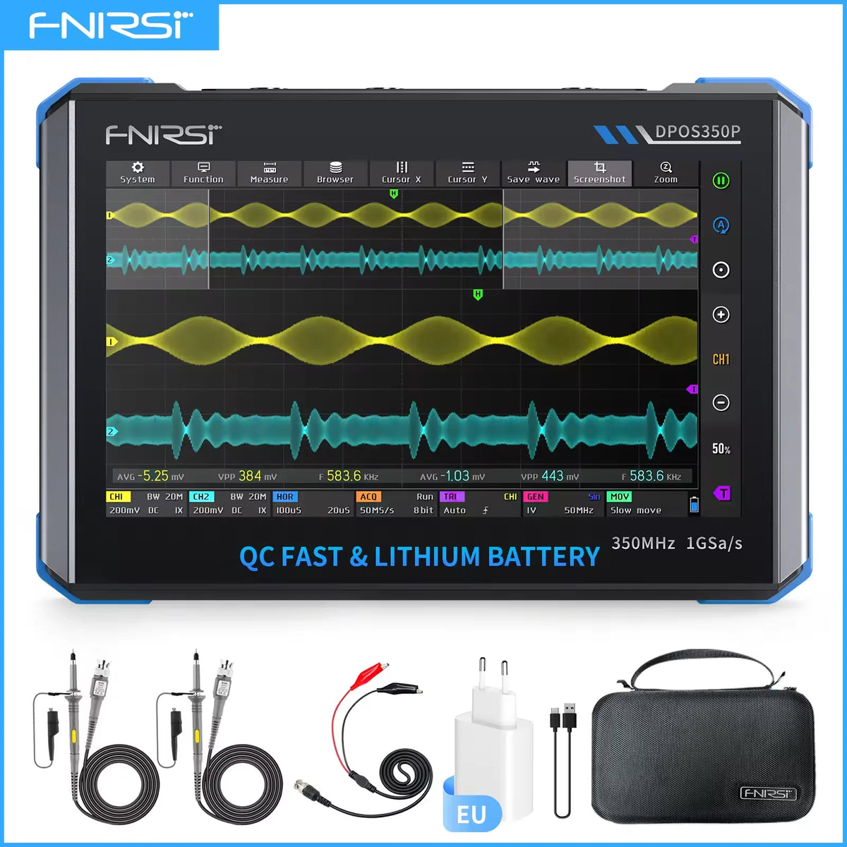 FNIRSI DPOS350P， Frequency Response Analyzer, Four In One Flat Oscilloscope, 2-Channel 350MHz Signal Generator, 50MHz, Spectrum