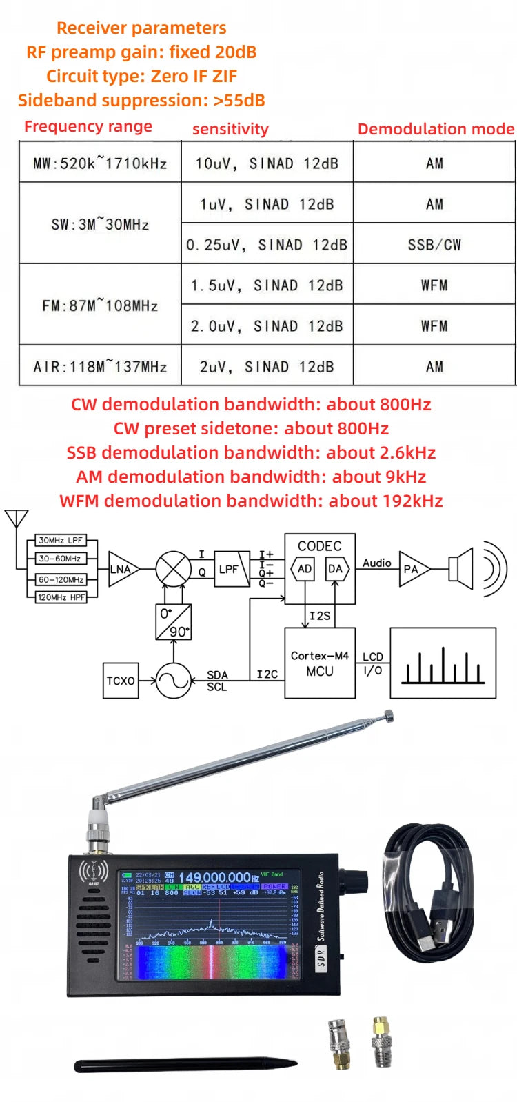 HTOOL SDR Radio Shortwave DSP Digital FM Radio Receiver Tranceiver SDR DSP Demodulation Color Display