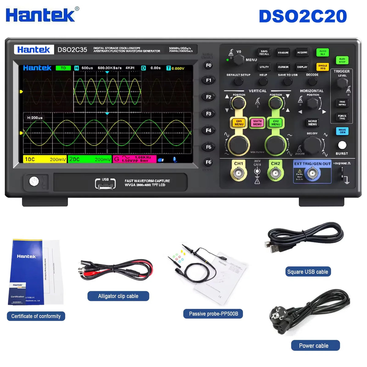 Hantek Lab Digital oscilloscope DSO2C20/2C35/2C50/2D20/DSO2D35/DSO2D205 200/350/500MHz 2Gsa/s 2CH/2CH+1CH desktop oscilloscope