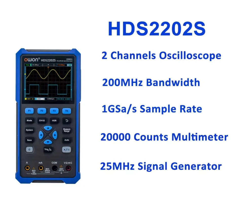 OWON HDS2202S 2102S Digital Oscilloscope 2Channels 200Mhz 1GSa/s Portable 3in1 USB Osiclloscopes + Multimeter+Waveform Generator