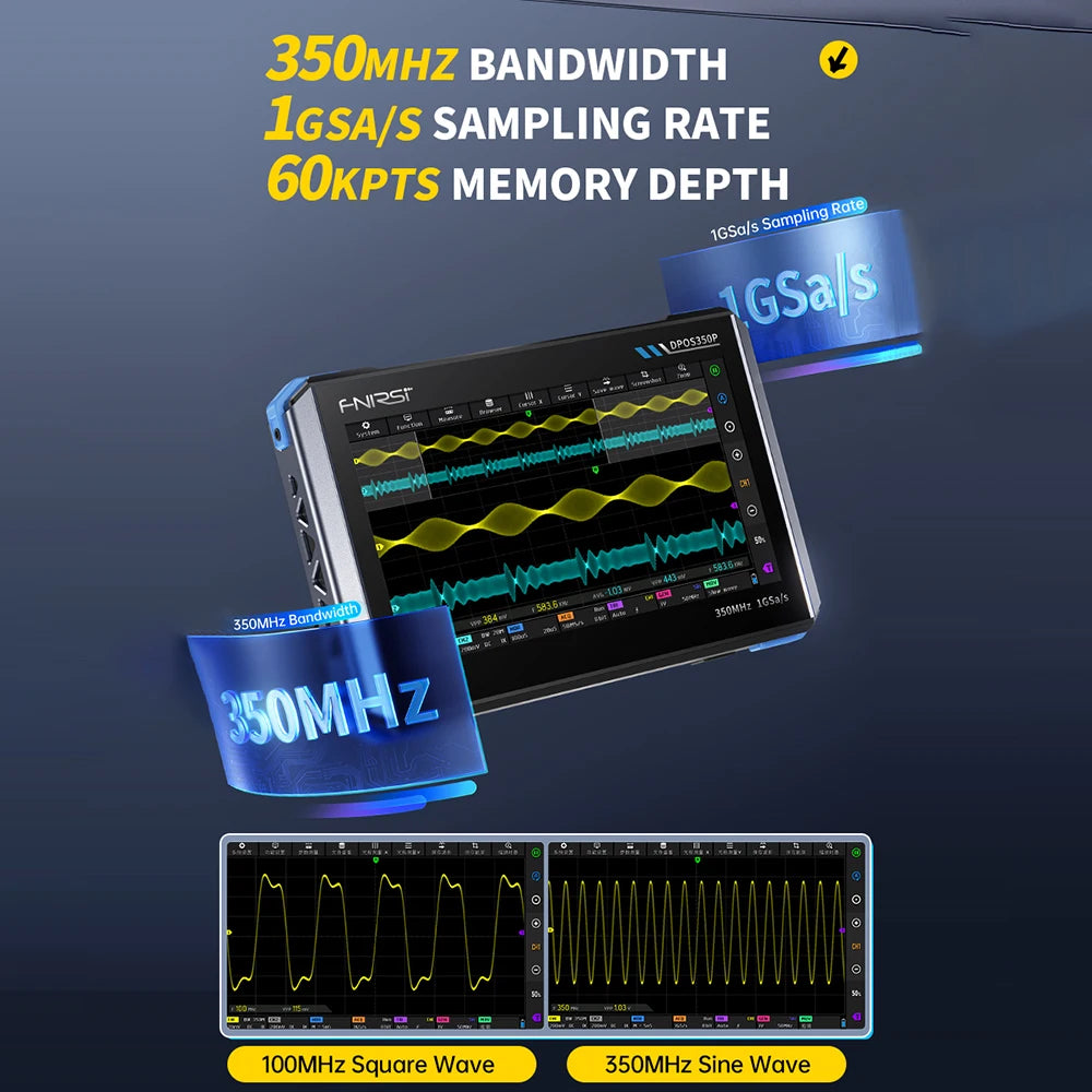4IN1 FNIRSI DPOS350P Digital Oscilloscope 350MHz Dual Channel Fluorescence Handheld Signal Generator Frequency Response Analyzer