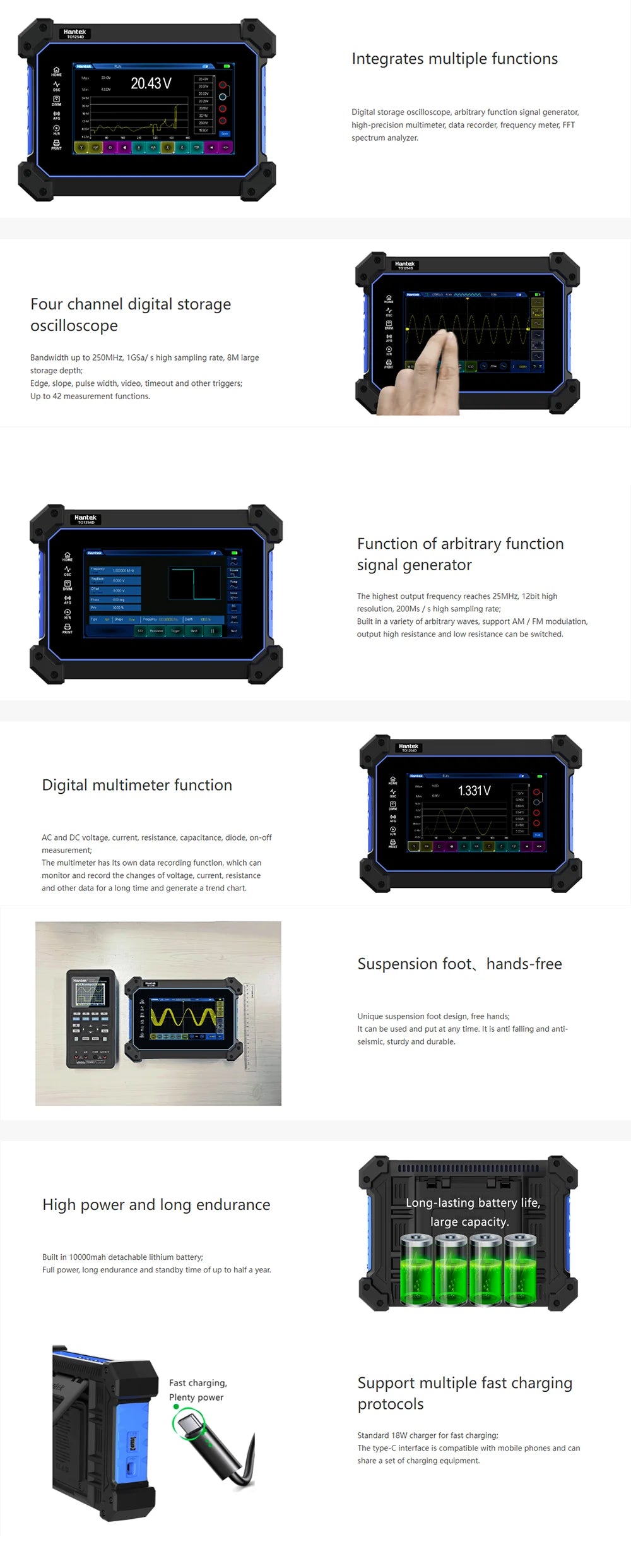 Hantek TO1254D TO1154D Touch Screen Digital Oscilloscope 4 Channels Portable USB Oscilloscopes+Signal Source +Multimeter Tester