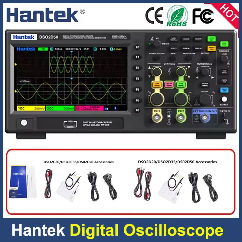 Hantek Lab Digital oscilloscope DSO2C20/2C35/2C50/2D20/DSO2D35/DSO2D205 200/350/500MHz 2Gsa/s 2CH/2CH+1CH desktop oscilloscope